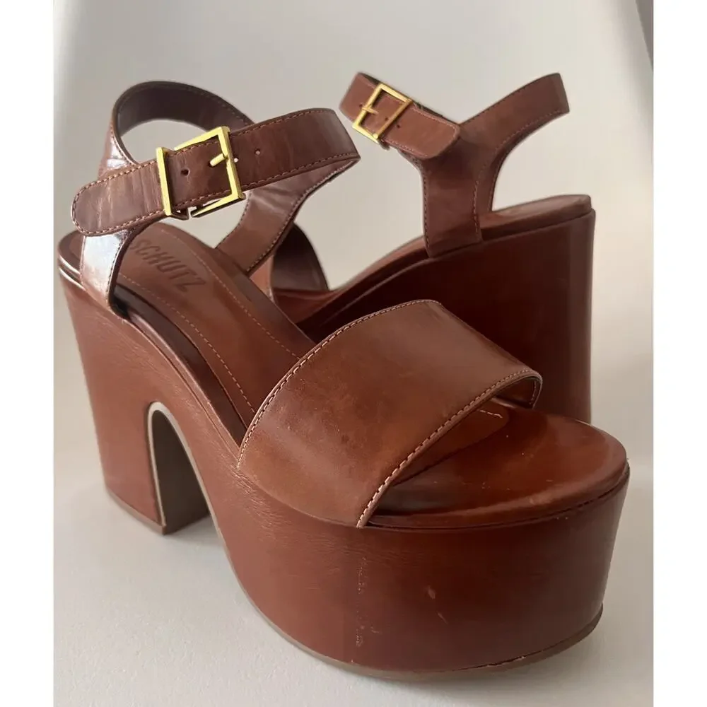 Schutz Tuke Platform Sandals Womens US 5.5 Cognac Brown Leather Chunky Heel NWOB